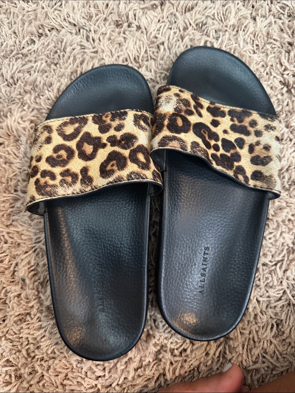 All Saints Leopard Print Slide Sandals - Black and Brown size 6